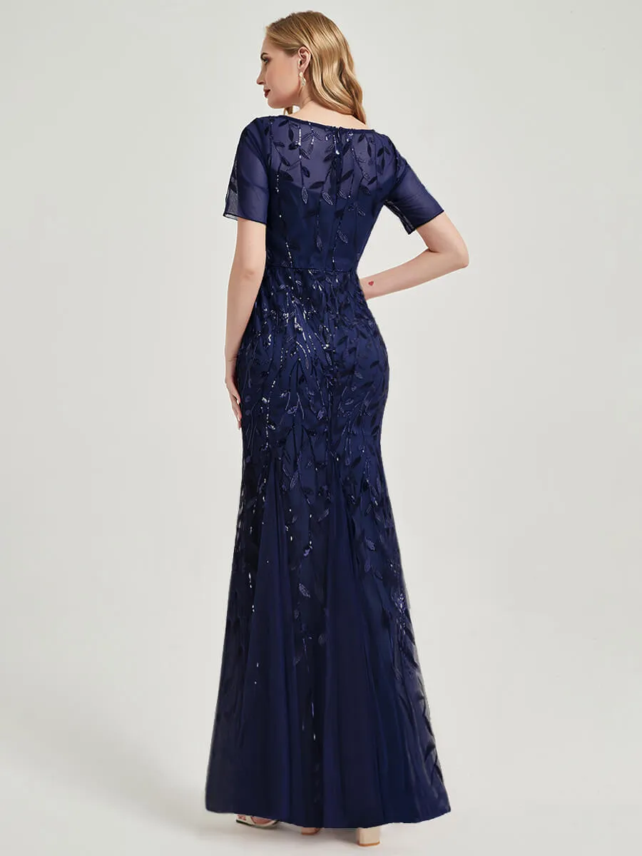 [Final Sale] Navy Blue Sheer Sleeve Floor Length Sequin Tulle Mermaid Formal Dress