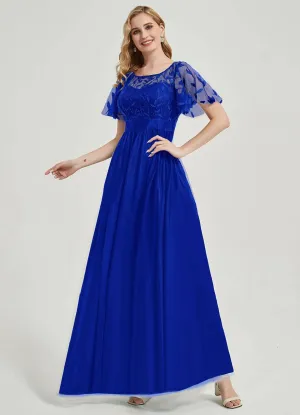 [Final Sale] Sapphire Blue Sheer Sleeve A-Line Floor Length Sequin Formal Dress For Brides