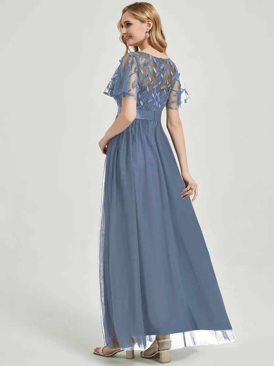 [Final Sale] Slate Blue Sheer Sleeve A-Line Floor Length Sequin Formal Dress For Brides