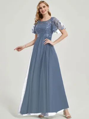 [Final Sale] Slate Blue Sheer Sleeve A-Line Floor Length Sequin Formal Dress For Brides