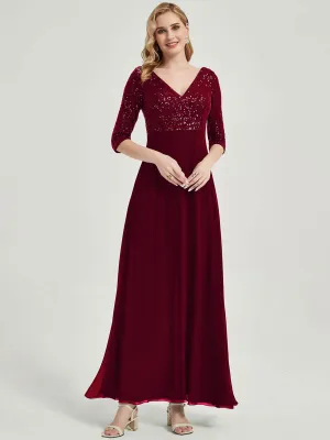 [Final Sale]Burgundy 3/4 Sleeves V-Neck Sequin Top Chiffon Formal Evening Dress