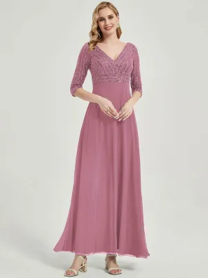 [Final Sale]Dusty Rose 3/4 Sleeves V-Neck Sequin Top Chiffon Formal Evening Dress