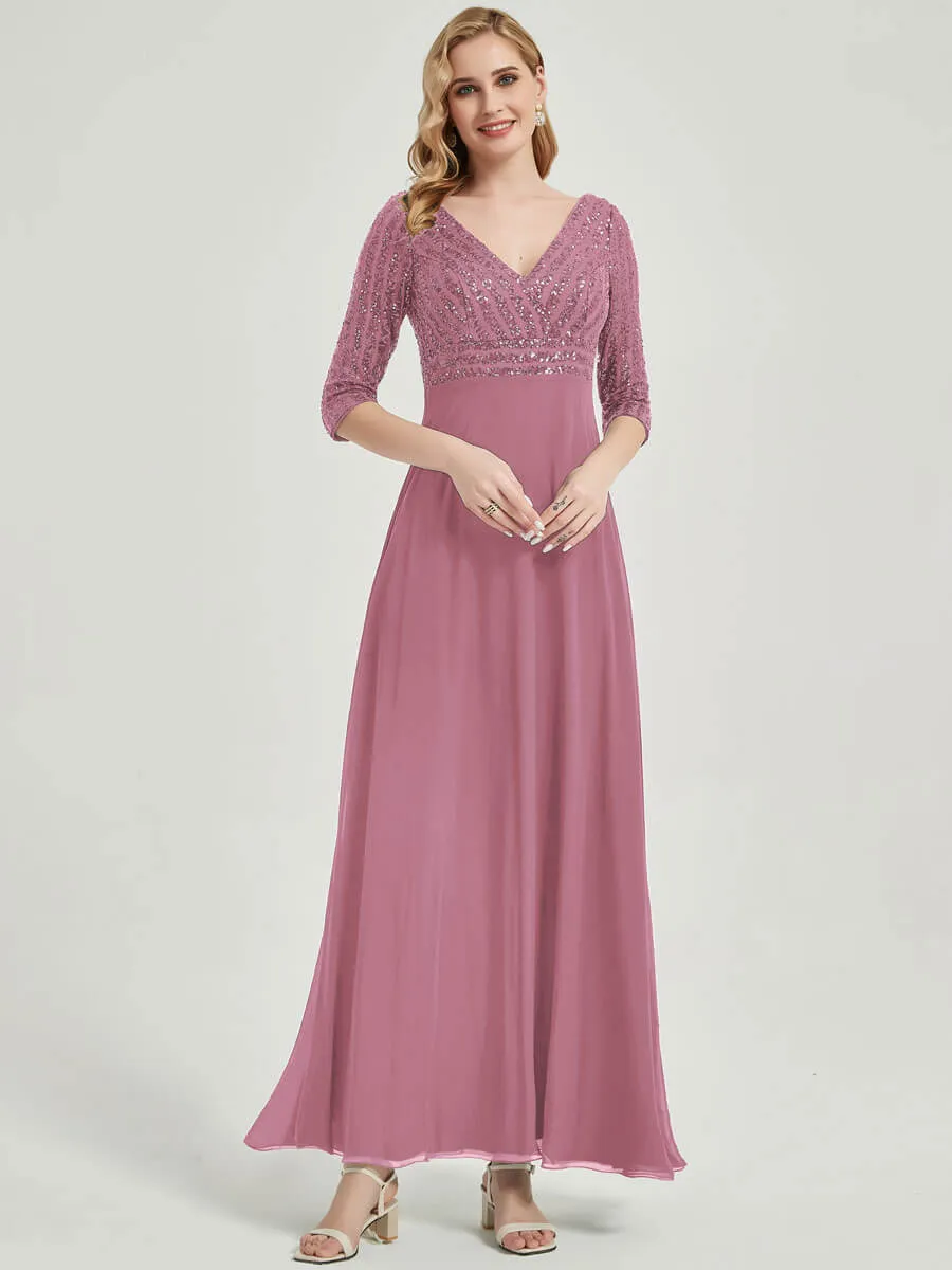 [Final Sale]Dusty Rose 3/4 Sleeves V-Neck Sequin Top Chiffon Formal Evening Dress