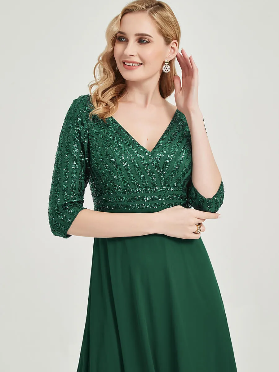 [Final Sale]Dusty Rose 3/4 Sleeves V-Neck Sequin Top Chiffon Formal Evening Dress