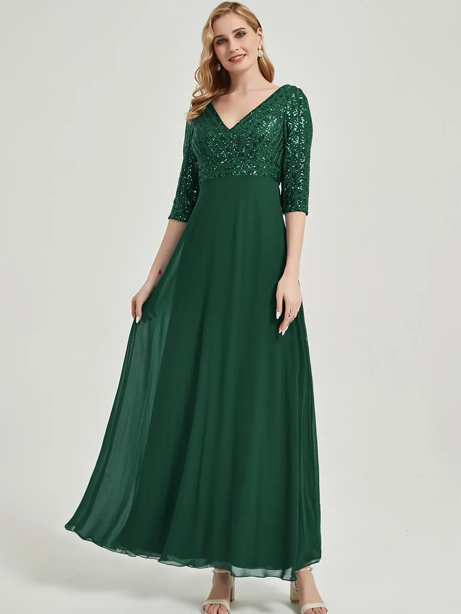 [Final Sale]Dusty Rose 3/4 Sleeves V-Neck Sequin Top Chiffon Formal Evening Dress