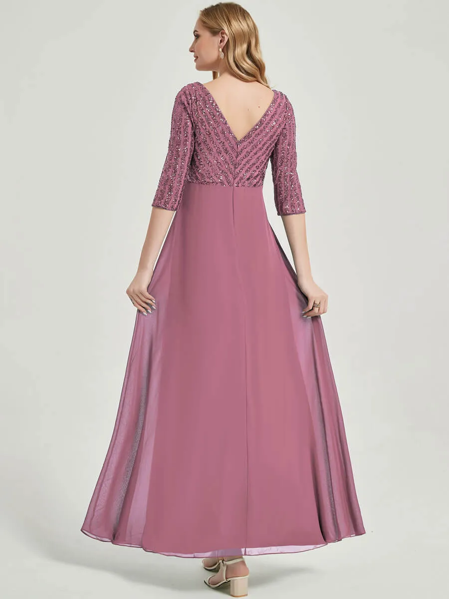 [Final Sale]Dusty Rose 3/4 Sleeves V-Neck Sequin Top Chiffon Formal Evening Dress