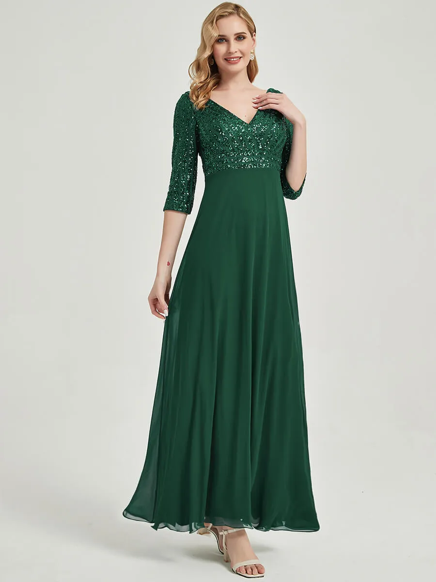[Final Sale]Dusty Rose 3/4 Sleeves V-Neck Sequin Top Chiffon Formal Evening Dress