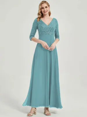 [Final Sale]Moody Blue 3/4 Sleeve V-Neck Sequin Chiffon Formal Evening Dress