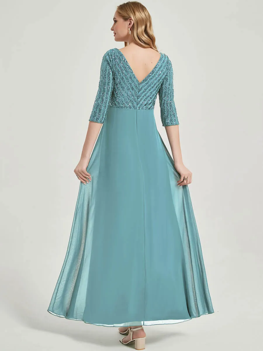 [Final Sale]Moody Blue 3/4 Sleeve V-Neck Sequin Chiffon Formal Evening Dress
