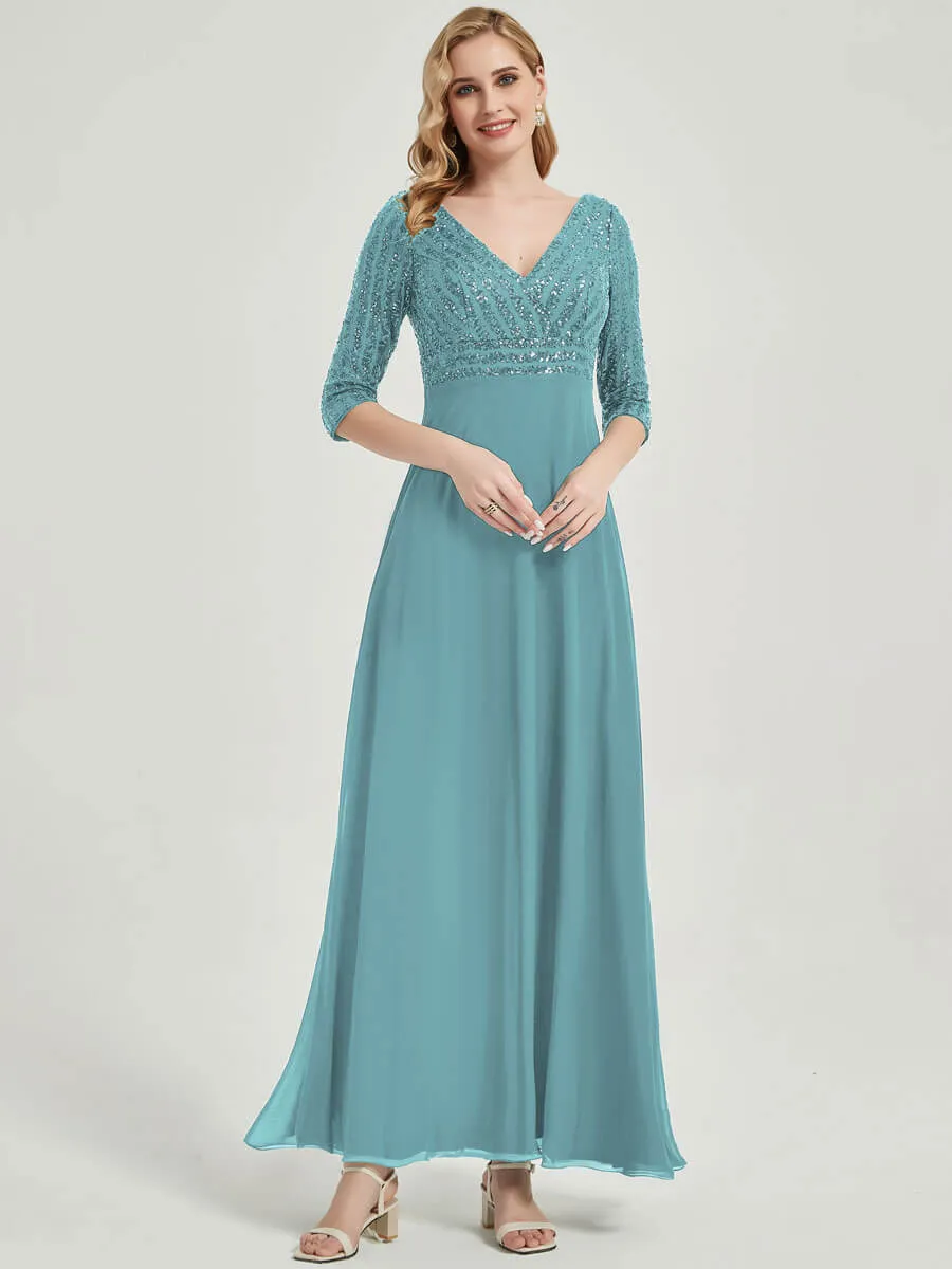 [Final Sale]Moody Blue 3/4 Sleeve V-Neck Sequin Chiffon Formal Evening Dress