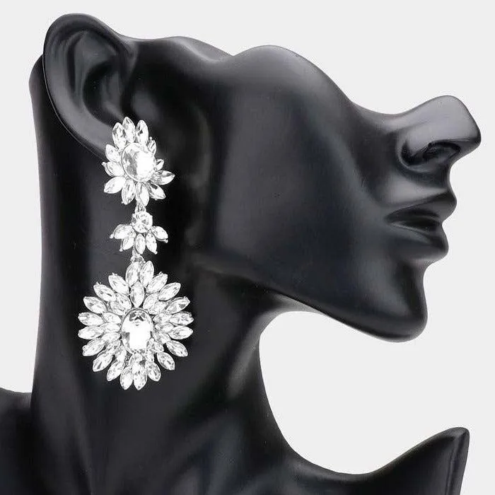 Floral Marquise Clear Stone Cluster Silver Evening Earrings