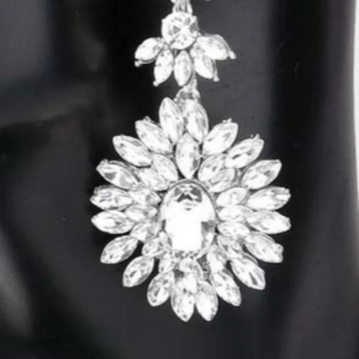 Floral Marquise Clear Stone Cluster Silver Evening Earrings