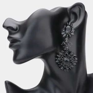 Floral Marquise Jet Black Stone Cluster Dangle Evening Earrings