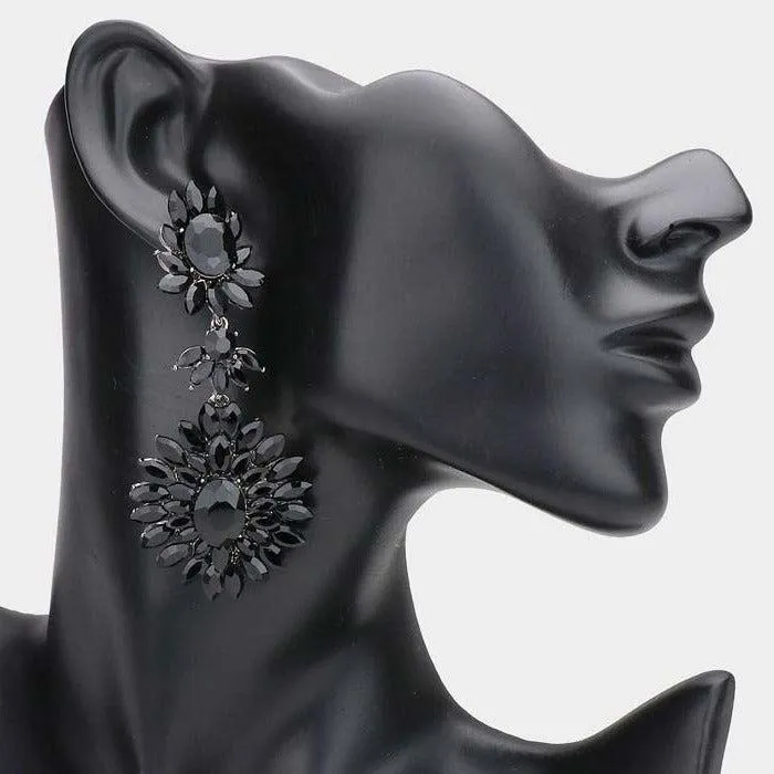 Floral Marquise Jet Black Stone Cluster Dangle Evening Earrings