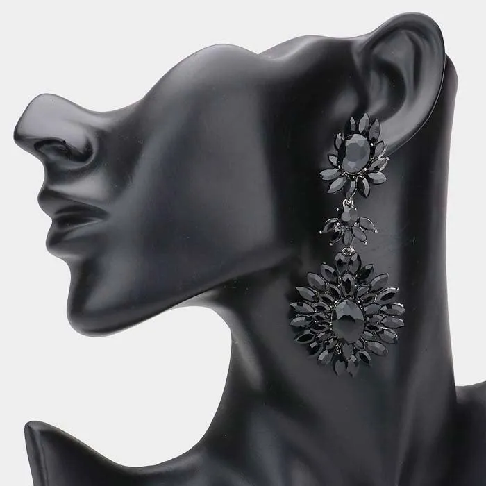 Floral Marquise Jet Black Stone Cluster Dangle Evening Earrings