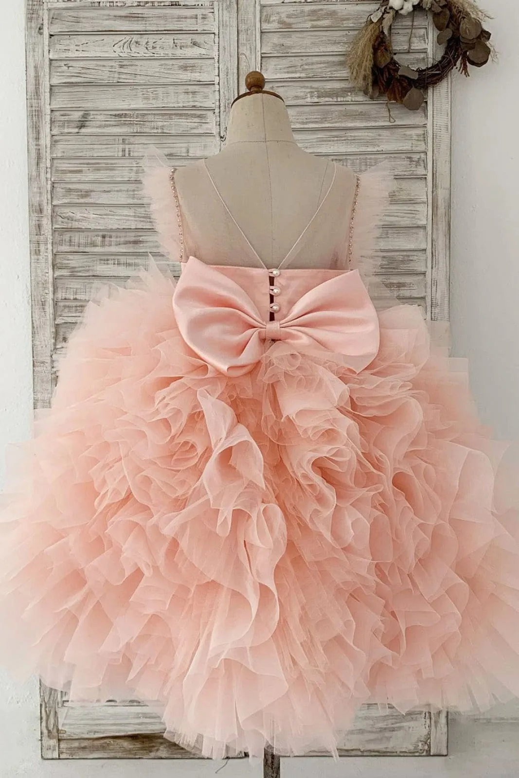 Fluffy Sleeves Beaded Peach Tulle Organza Wedding Flower Girl Dress Kids Party