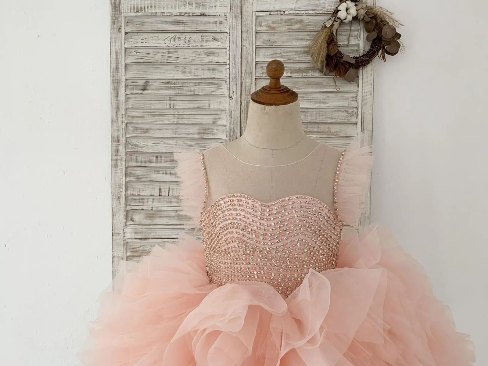 Fluffy Sleeves Beaded Peach Tulle Organza Wedding Flower Girl Dress Kids Party