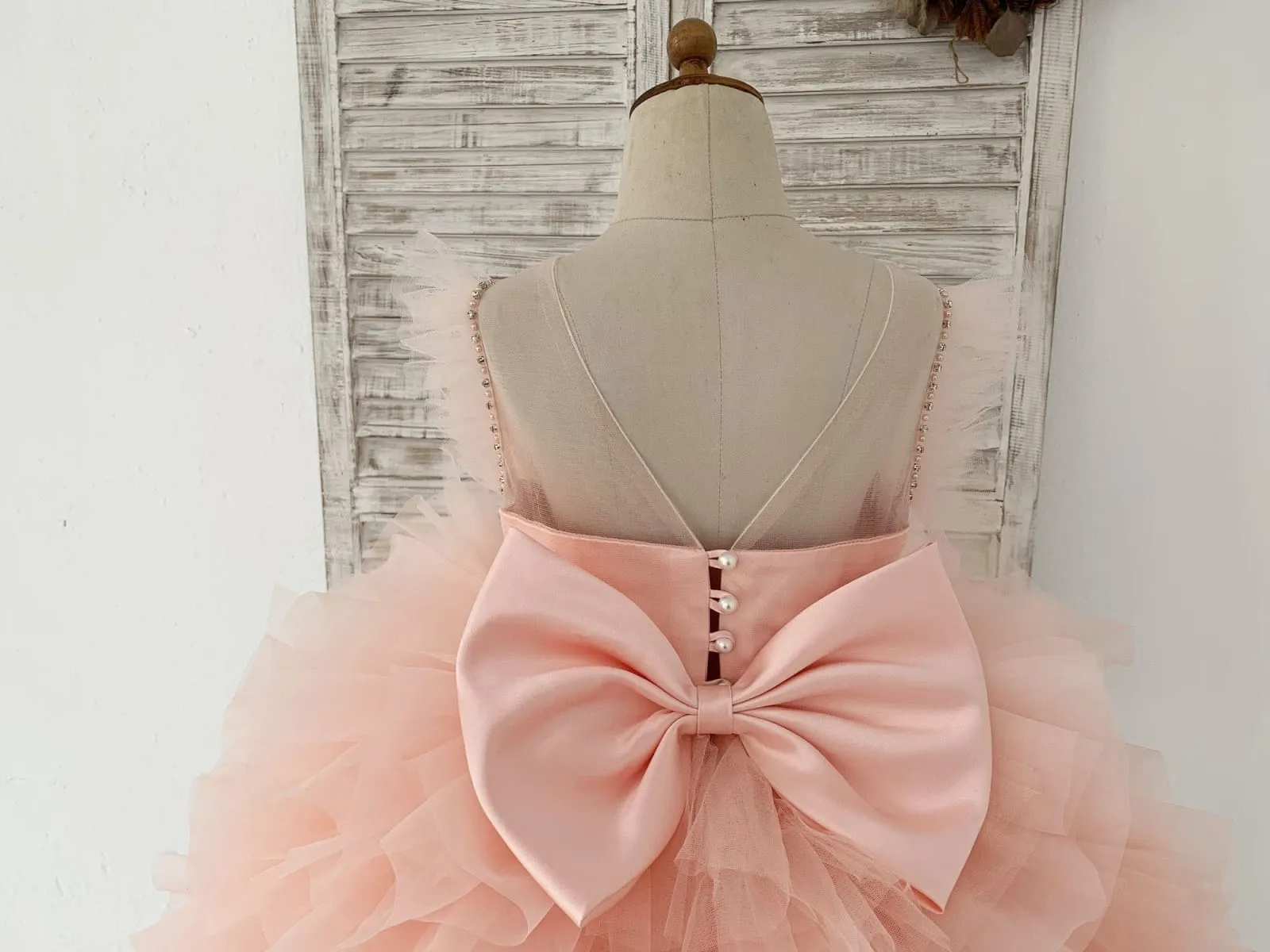 Fluffy Sleeves Beaded Peach Tulle Organza Wedding Flower Girl Dress Kids Party