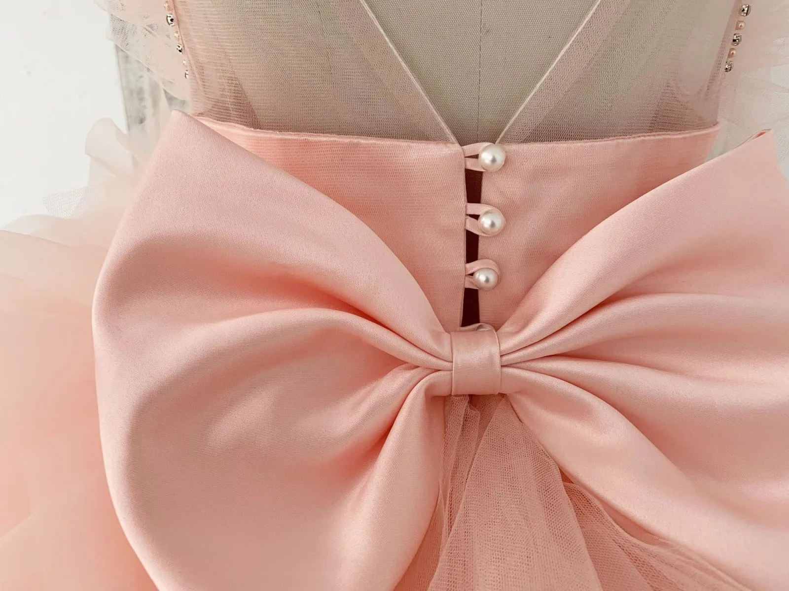Fluffy Sleeves Beaded Peach Tulle Organza Wedding Flower Girl Dress Kids Party