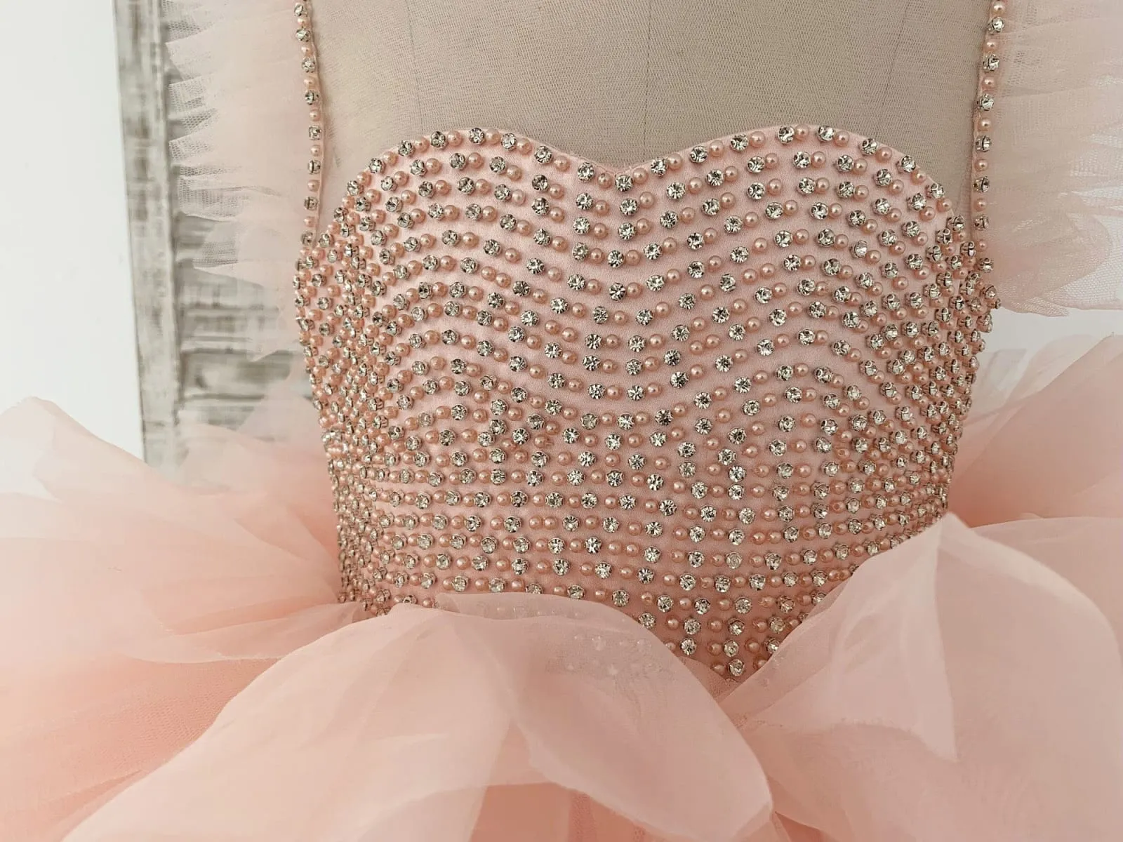 Fluffy Sleeves Beaded Peach Tulle Organza Wedding Flower Girl Dress Kids Party