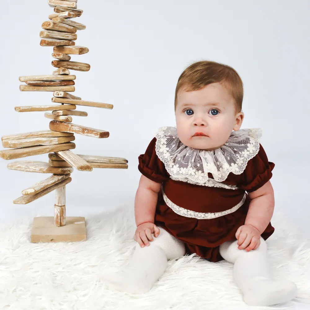 Fofettes Girls Burgundy Exclusive Velvet Romper With Lace