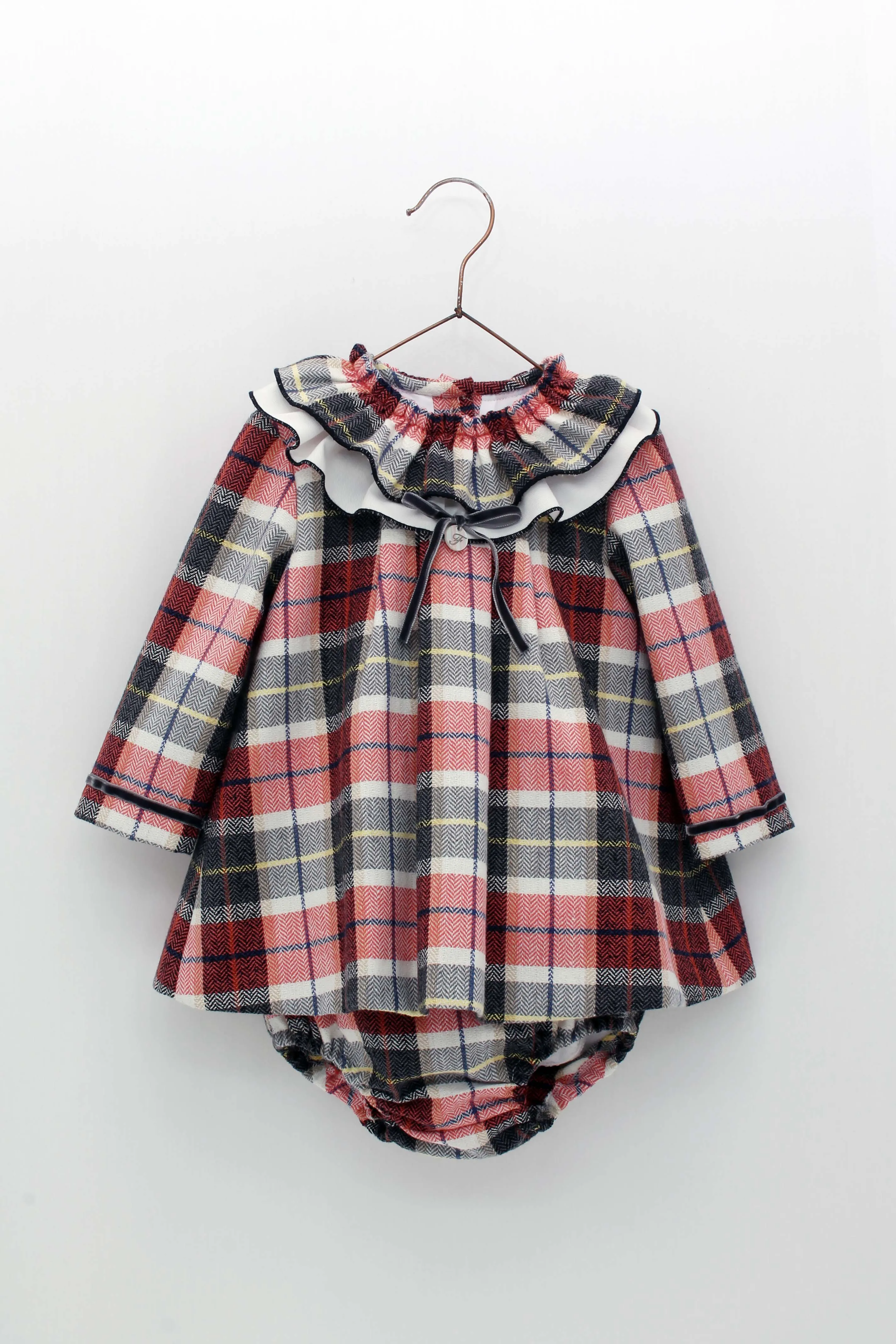 FOQUE Beige & Red Check Baby Girls Dress & Knickers - CLEARANCE SALE