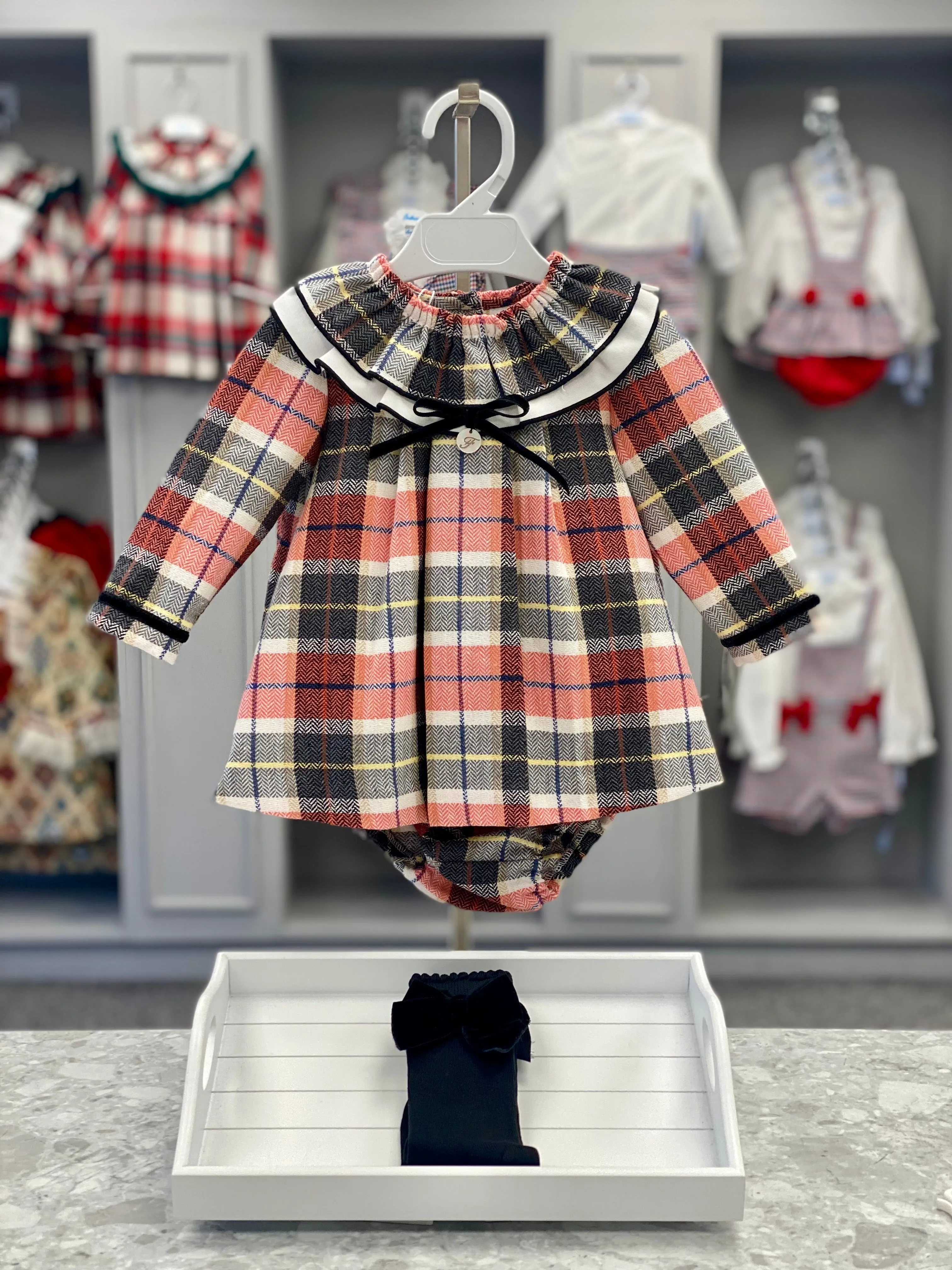 FOQUE Beige & Red Check Baby Girls Dress & Knickers - CLEARANCE SALE