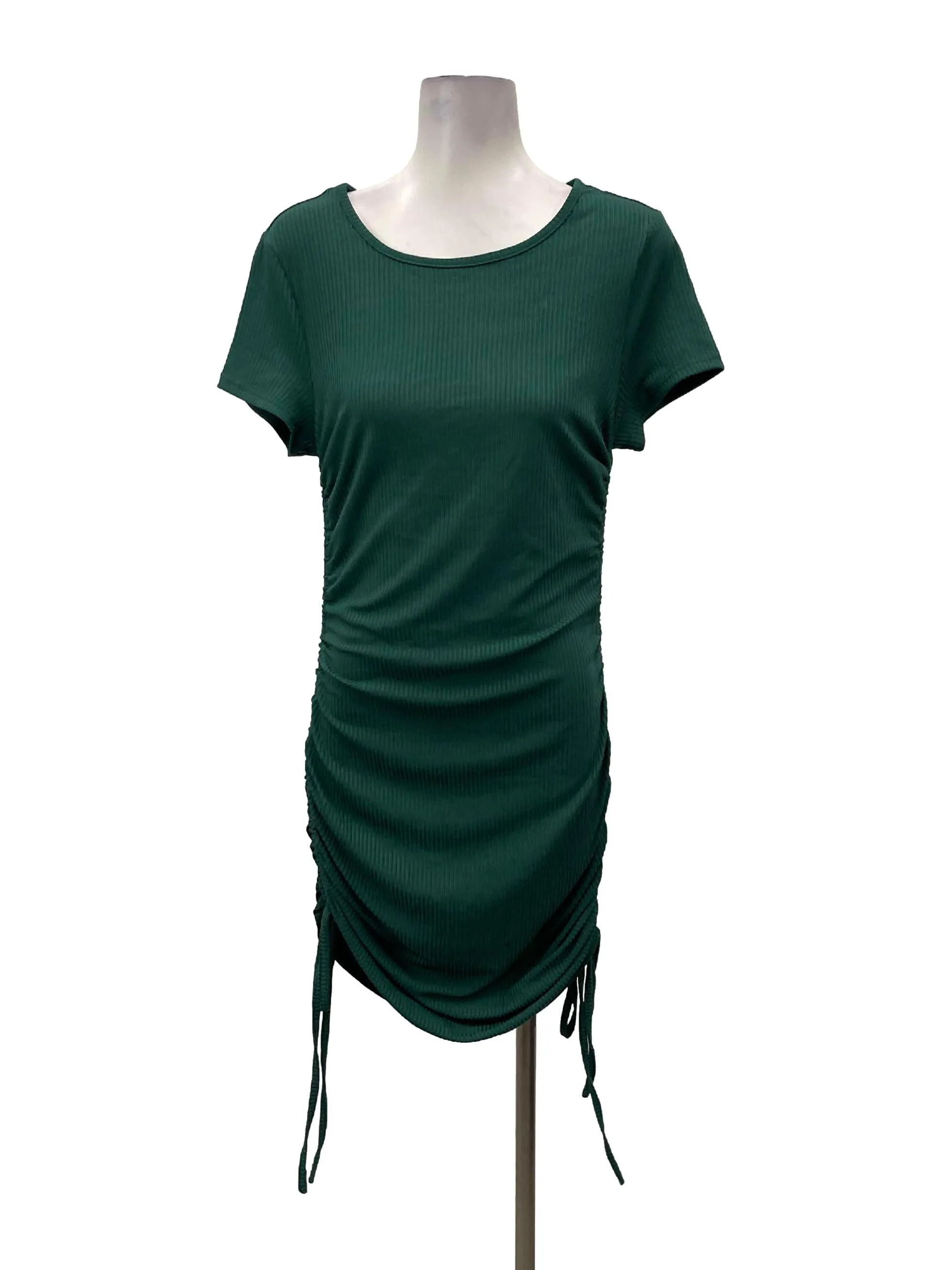 Forest Green Ribbed Side Ruched Dress