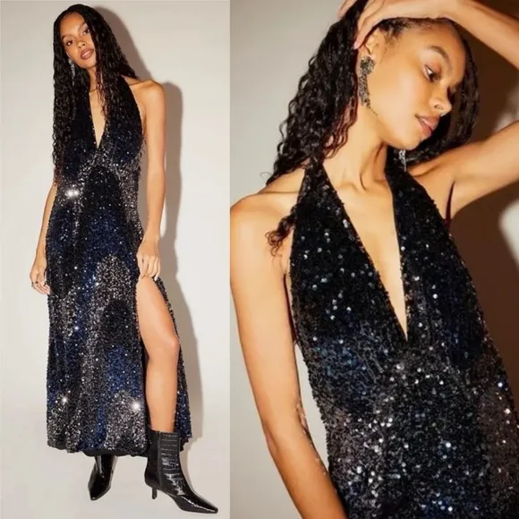 FREE PEOPLE Glitter and Gold Blue Velvet Sequin Halter Midi Dress NEW Medium