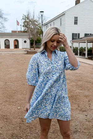 French Floral Dress- Blue/White