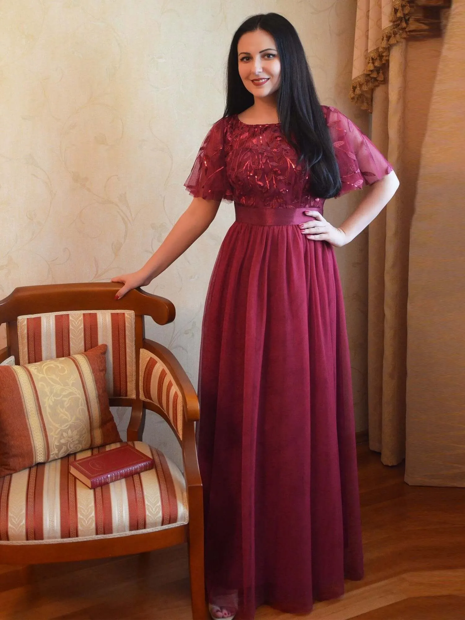 Georgia flutter sleeve leaf patterned tulle bridesmaid dress darker colors