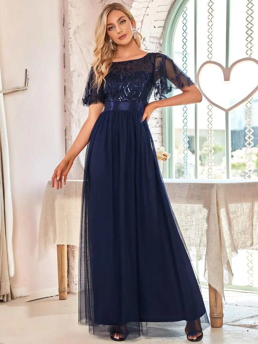 Georgia flutter sleeve leaf patterned tulle bridesmaid dress darker colors