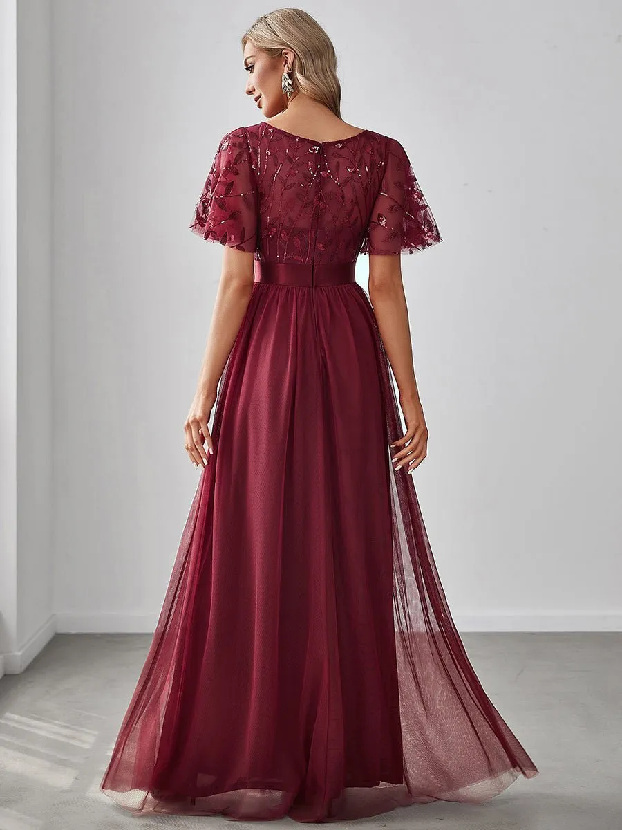 Georgia flutter sleeve leaf patterned tulle bridesmaid dress darker colors