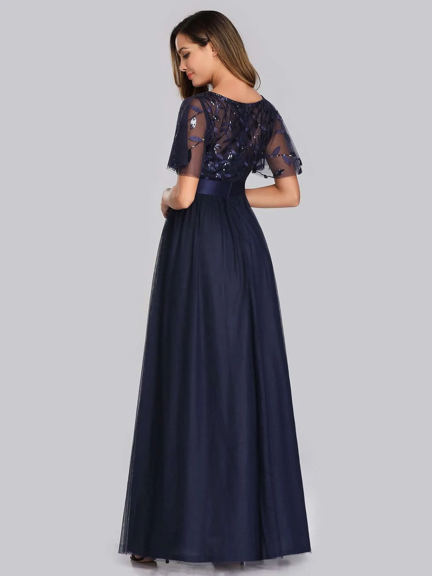 Georgia flutter sleeve leaf patterned tulle bridesmaid dress darker colors