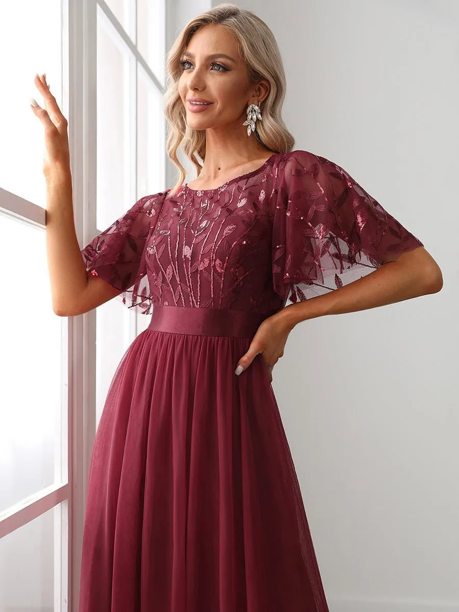 Georgia flutter sleeve leaf patterned tulle bridesmaid dress darker colors