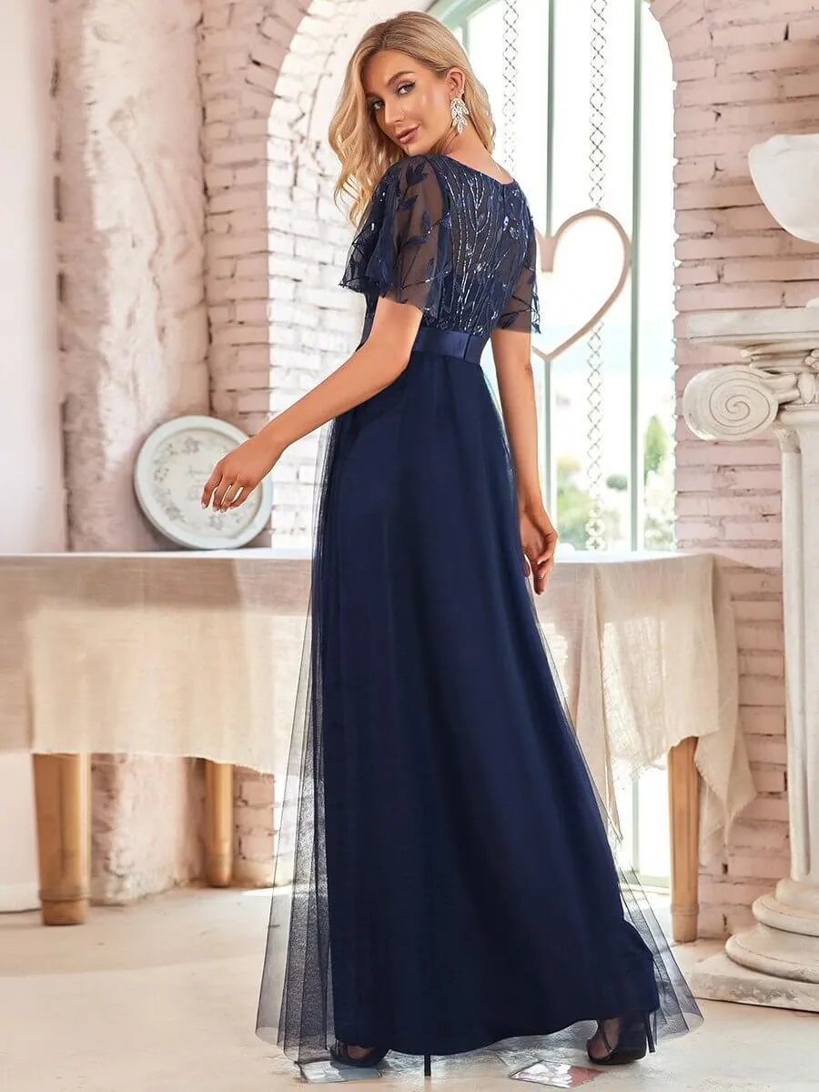 Georgia flutter sleeve leaf patterned tulle bridesmaid dress darker colors