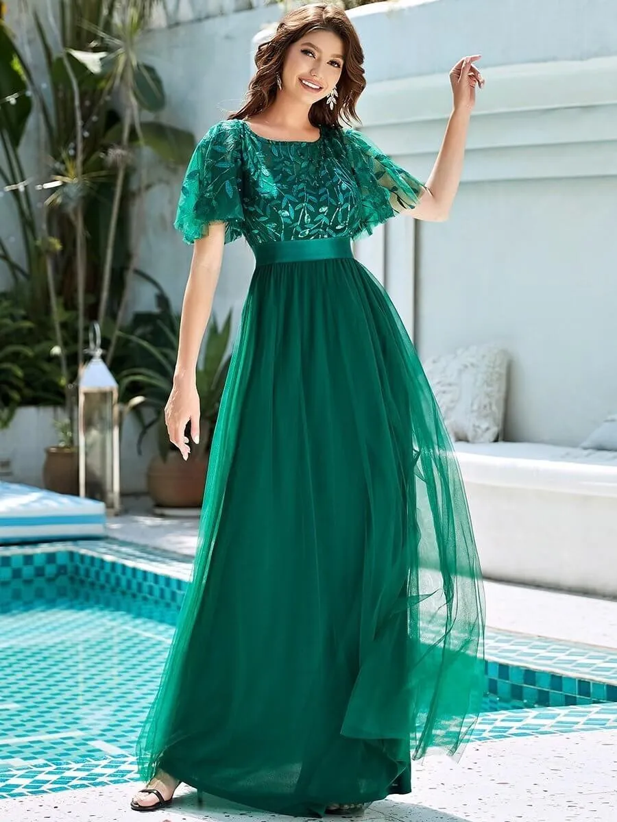 Georgia flutter sleeve leaf patterned tulle bridesmaid dress darker colors