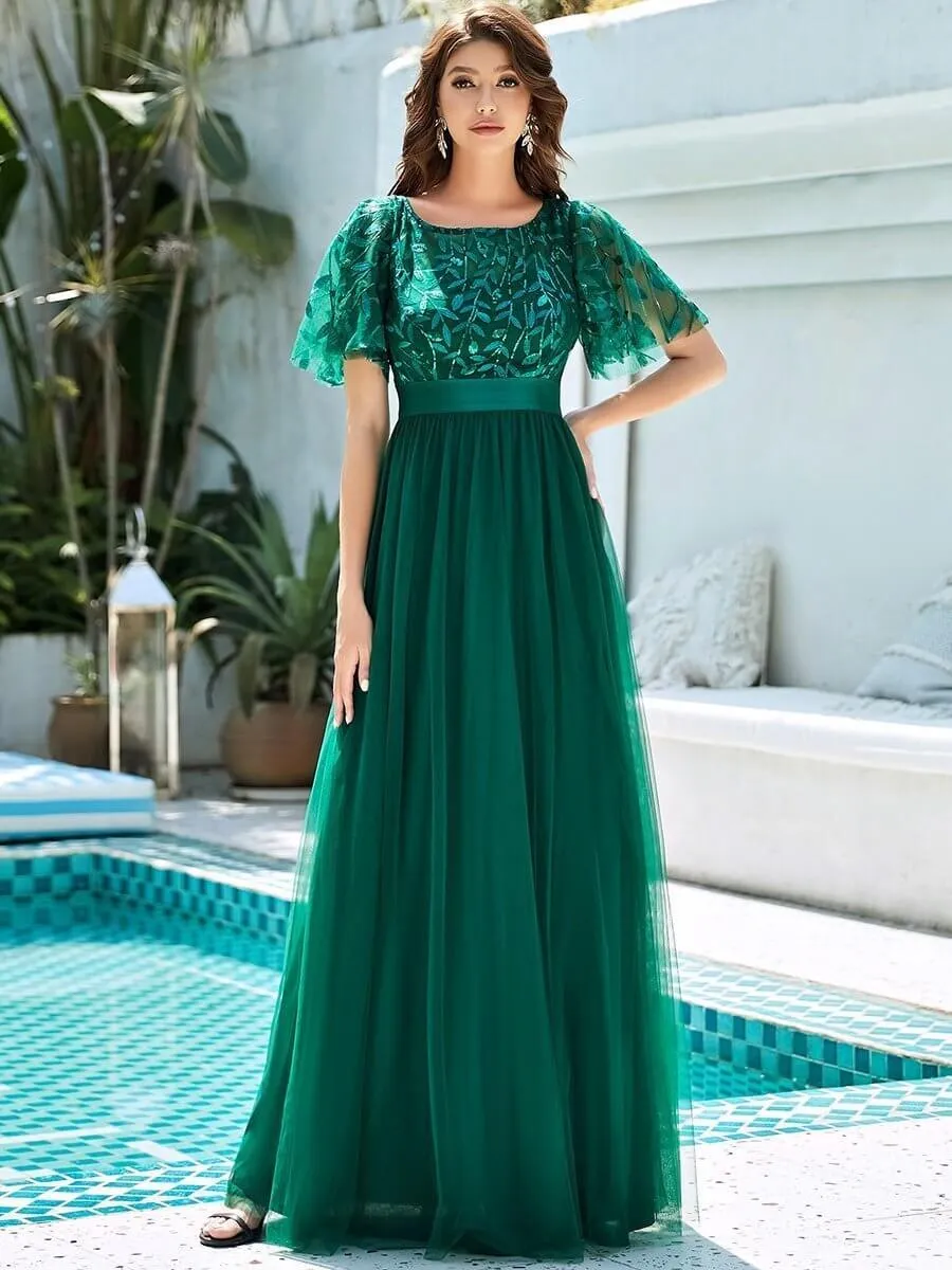 Georgia flutter sleeve leaf patterned tulle bridesmaid dress darker colors