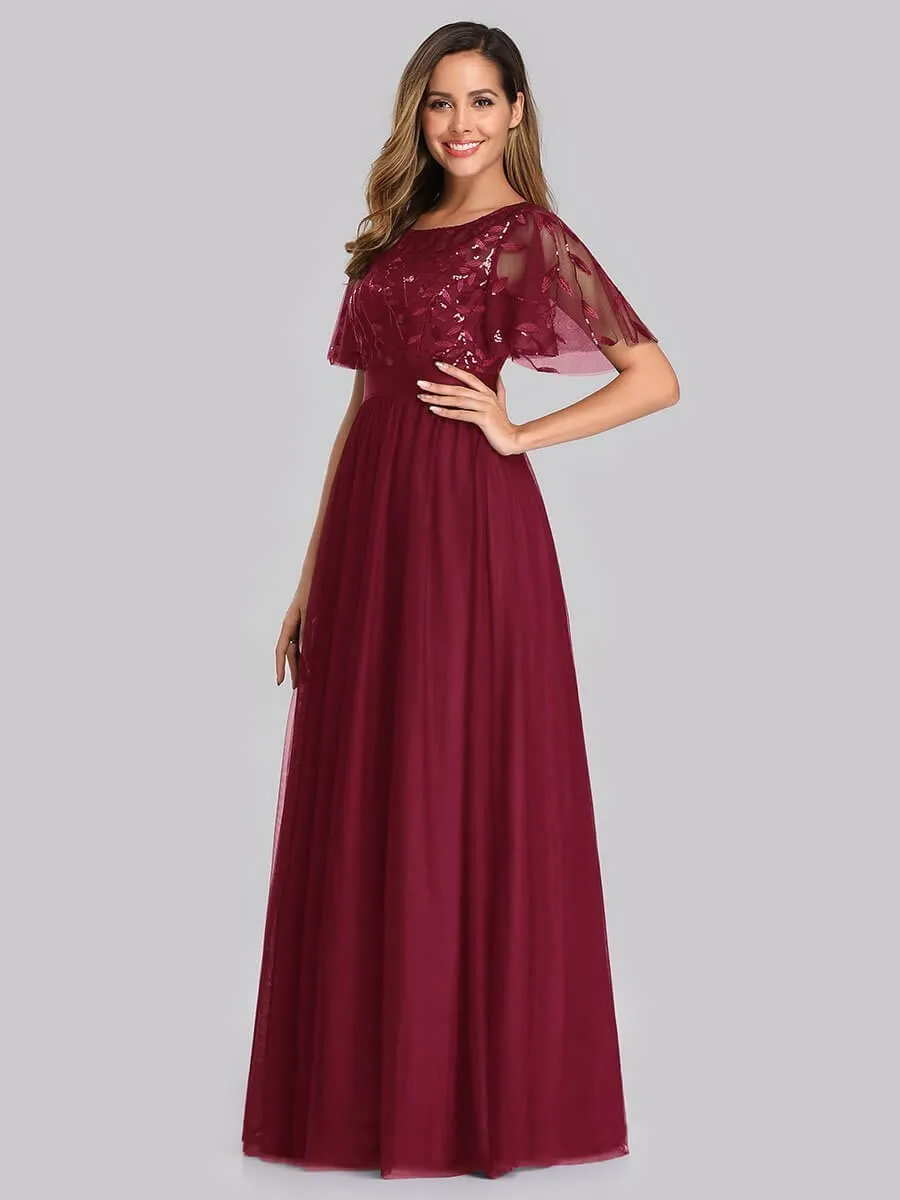 Georgia flutter sleeve leaf patterned tulle bridesmaid dress darker colors