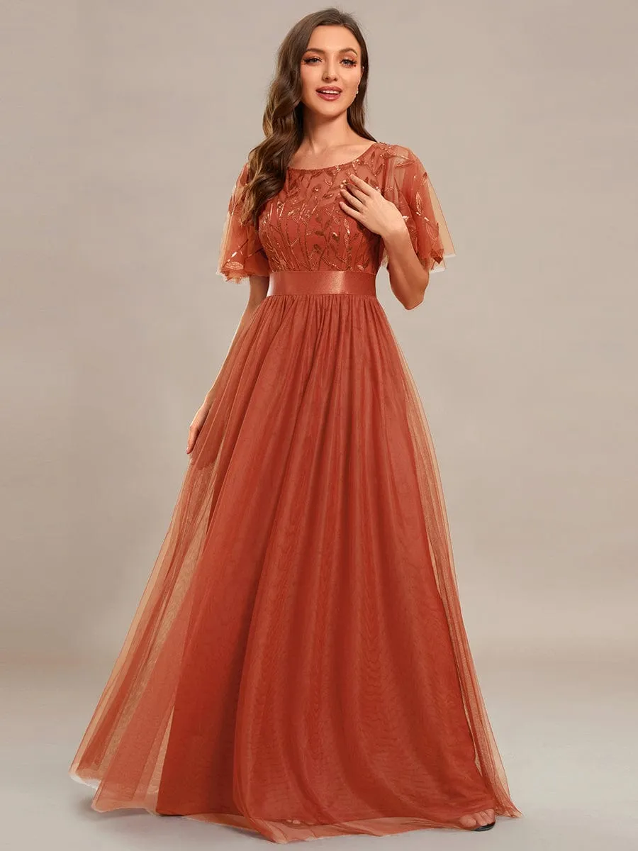 Georgia flutter sleeve leaf patterned tulle bridesmaid dress darker colors