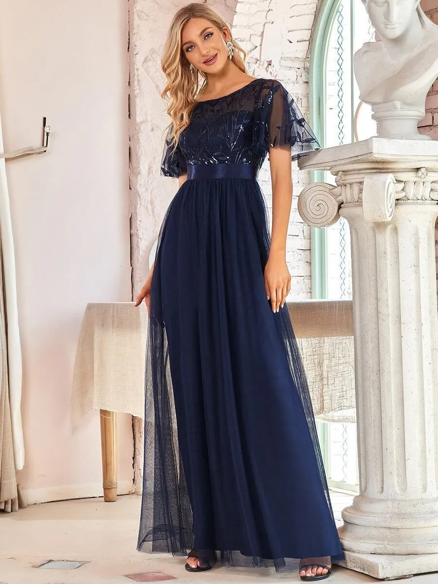 Georgia flutter sleeve leaf patterned tulle bridesmaid dress darker colors