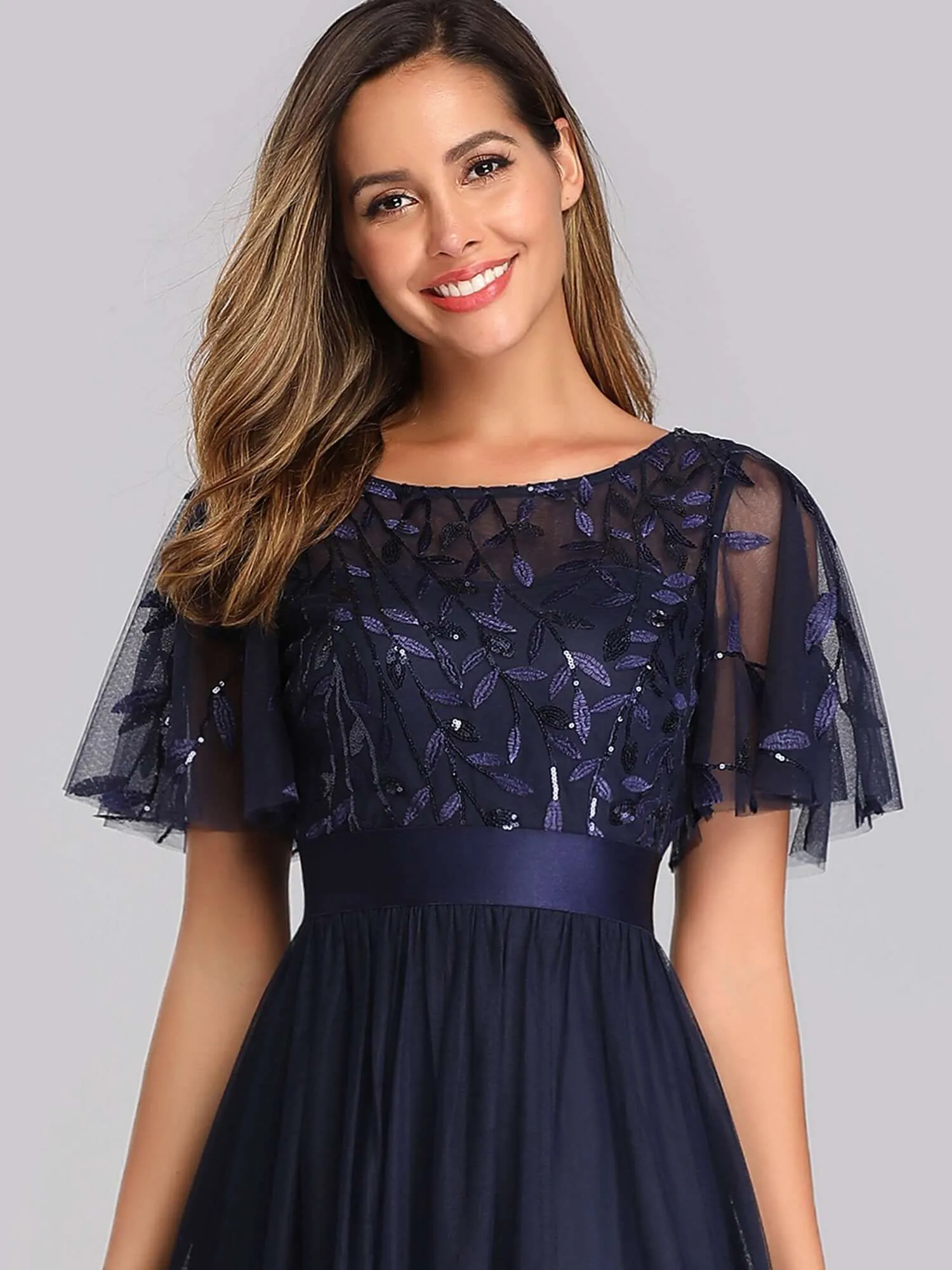 Georgia flutter sleeve leaf patterned tulle bridesmaid dress darker colors