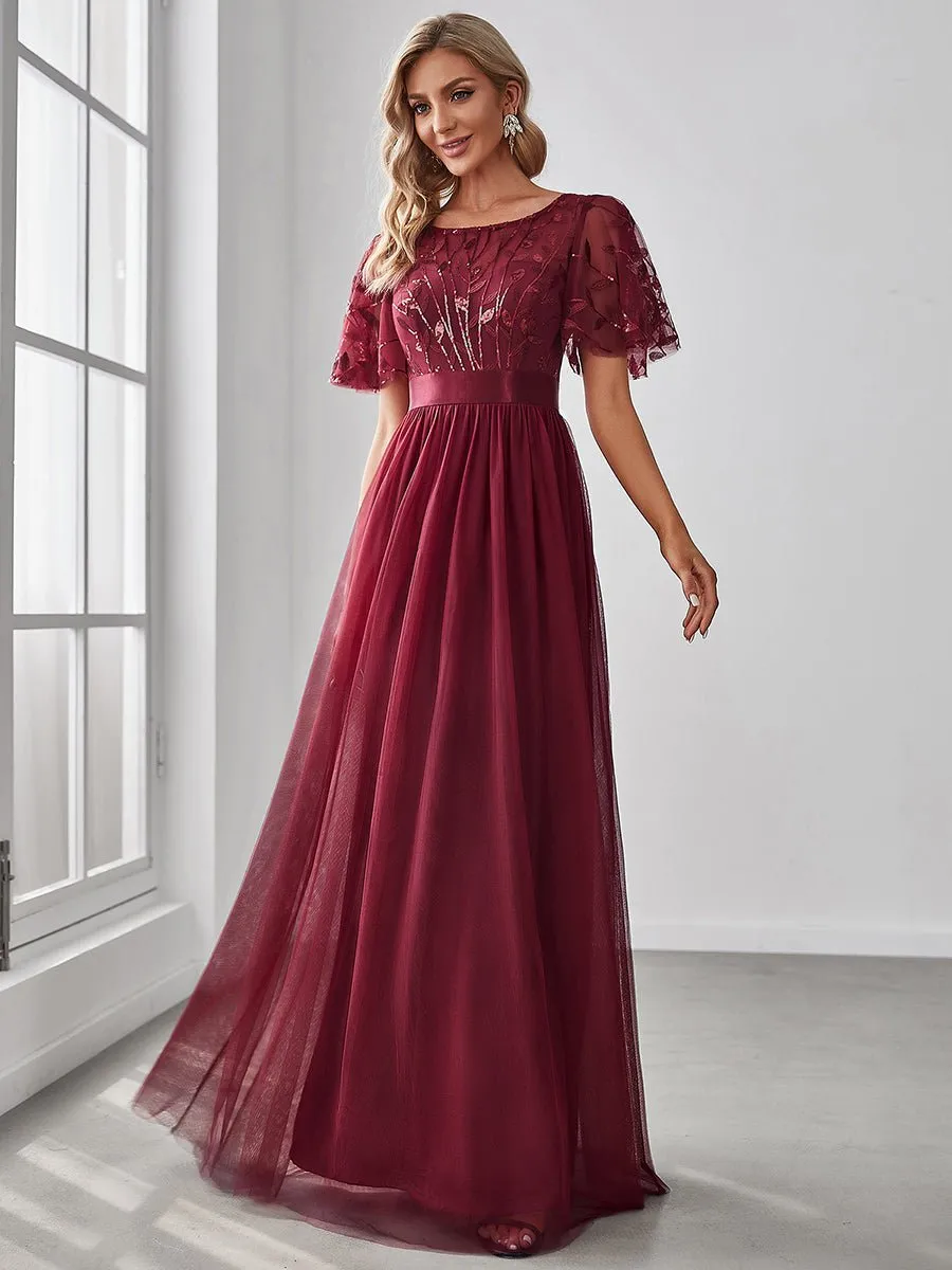 Georgia flutter sleeve leaf patterned tulle bridesmaid dress darker colors