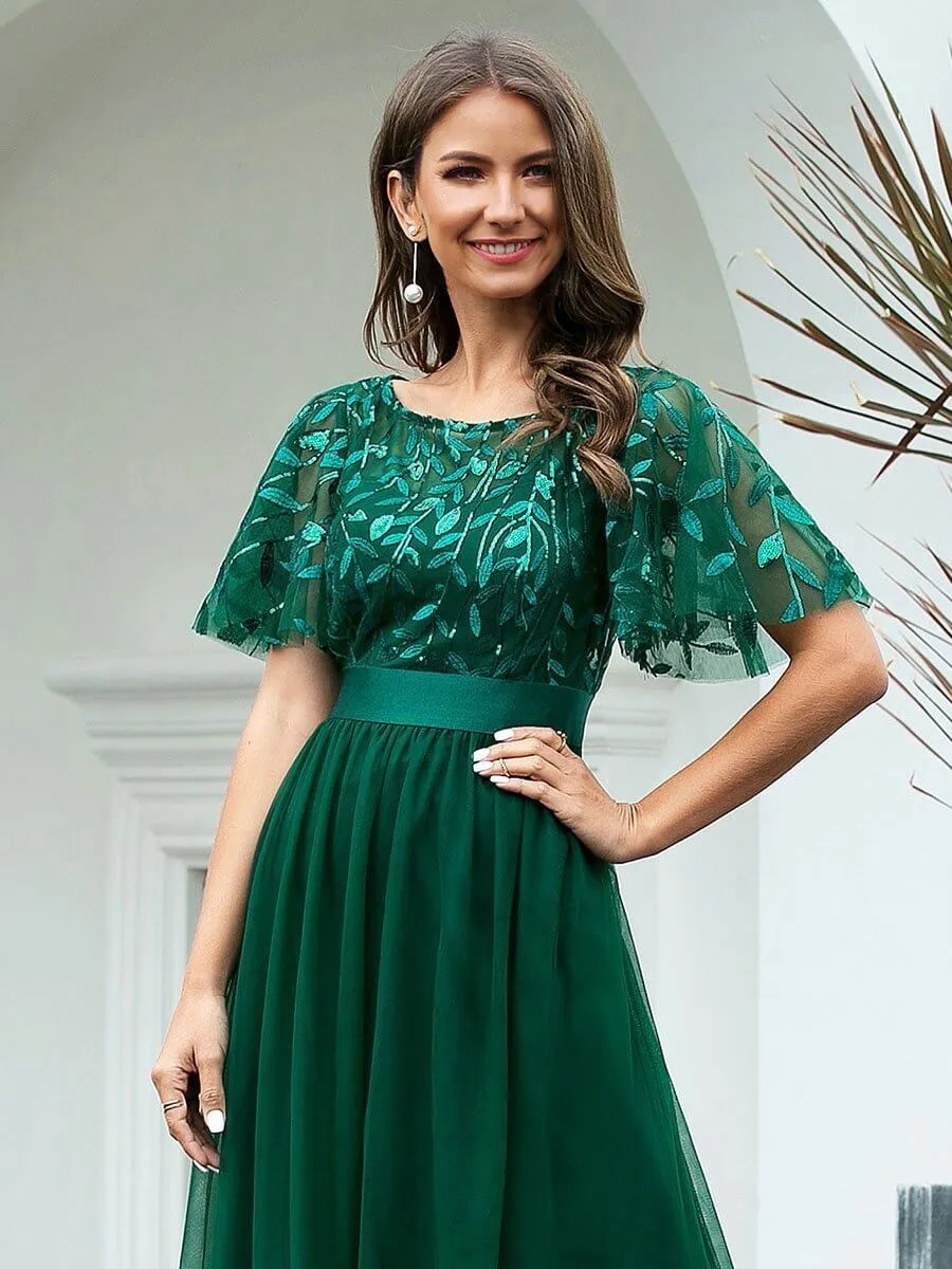 Georgia flutter sleeve leaf patterned tulle bridesmaid dress darker colors