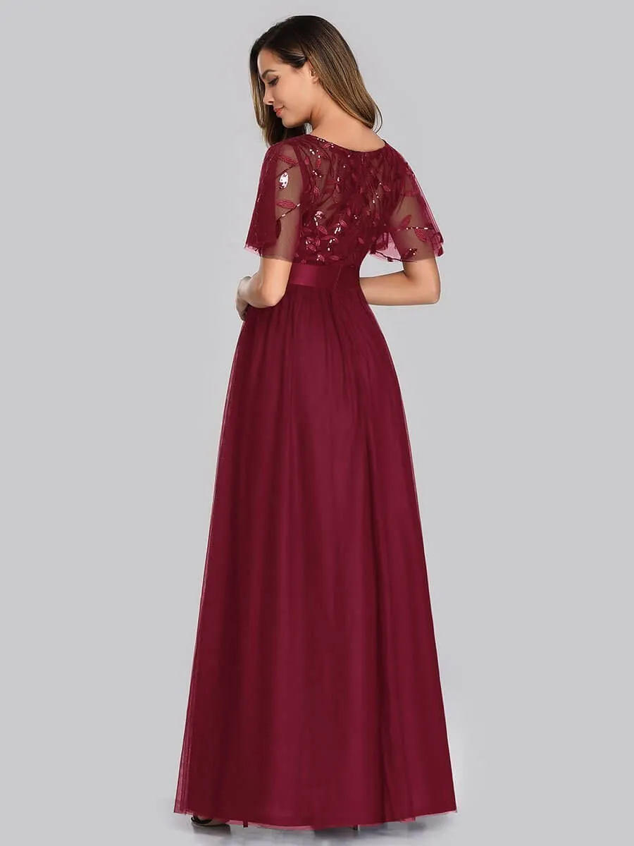 Georgia flutter sleeve leaf patterned tulle bridesmaid dress darker colors
