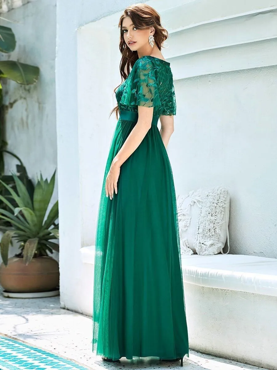 Georgia flutter sleeve leaf patterned tulle bridesmaid dress darker colors