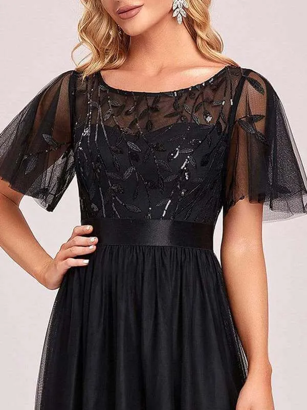 Georgia flutter sleeve leaf patterned tulle bridesmaid dress darker colors