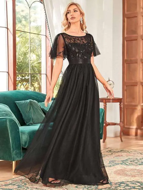 Georgia flutter sleeve leaf patterned tulle bridesmaid dress darker colors