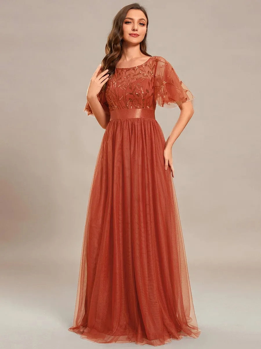 Georgia flutter sleeve leaf patterned tulle bridesmaid dress darker colors