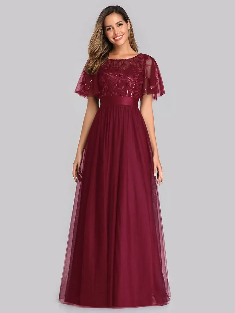 Georgia flutter sleeve leaf patterned tulle bridesmaid dress darker colors